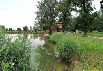 Casetta sull'albero che si affaccia sul lago, completa di scivolo